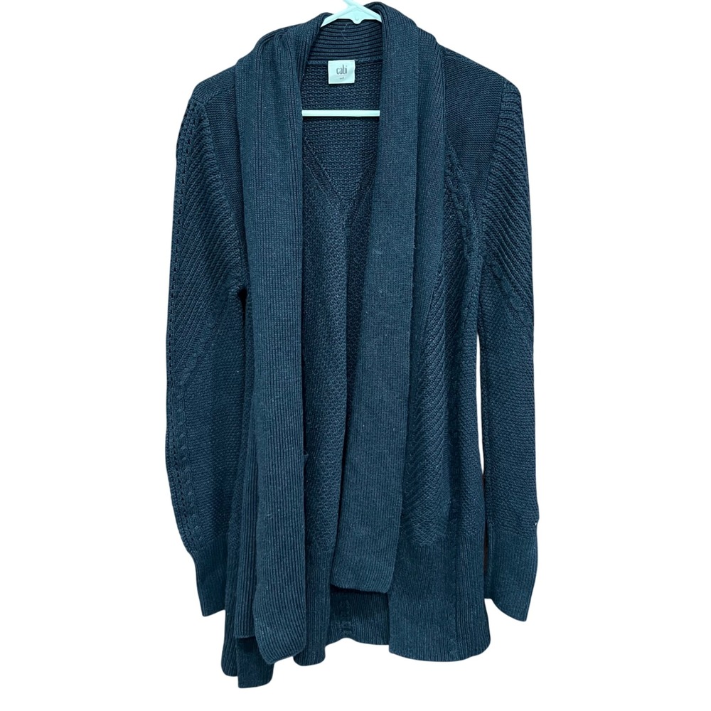 Cabi Knit Cardigan Open Front Pockets Textured Cozy Comfy Blue M